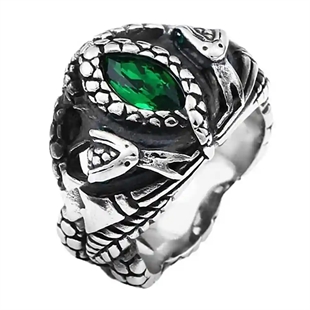 Herrering i rostfritt stål med grön sten och ormdesign – Emerald Serpent