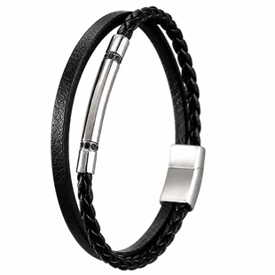 Atlas – Svart läderarmband med blanka ståldetaljer