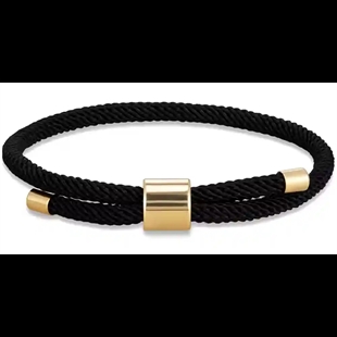 Svart herrarmband i bomull med förgyllt stållås, 18–20 cm