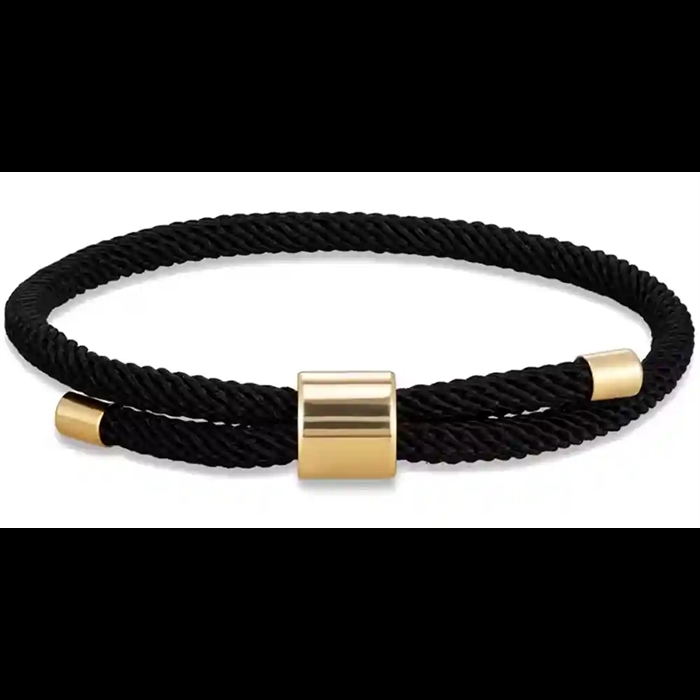 Svart herrarmband i bomull med förgyllt stållås, 18–20 cm
