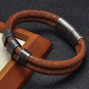Brunt herrarmband i fiberläder med vintage stål och magnetlås – 6 mm remmar