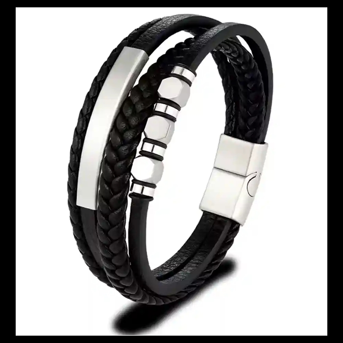 Herrarmband i svart imitationsläder med rostfritt stål och magnetlås