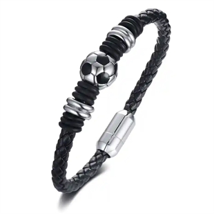 Fotbollsarmband i svart läder med rostfri stålkula – herrsmycke för fotbollsfans