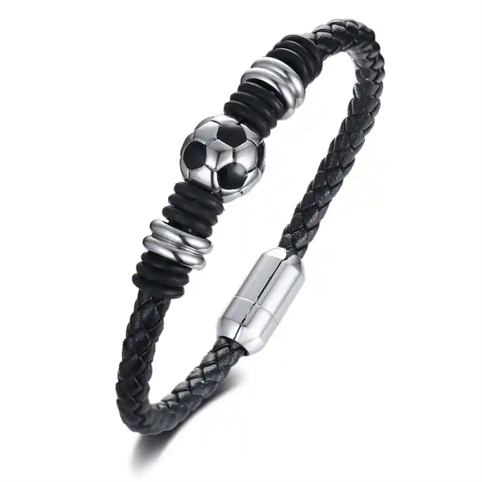 Fotbollsarmband i svart läder med rostfri stålkula – herrsmycke för fotbollsfans