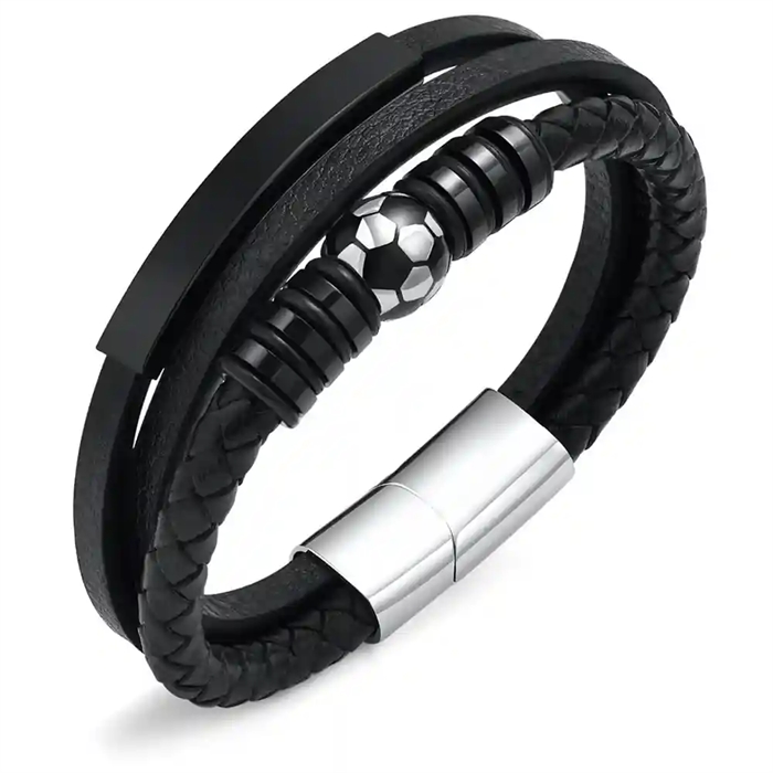 Svart fotbollsarmband i äkta läder och rostfritt stål – herrsmycke med sportig design