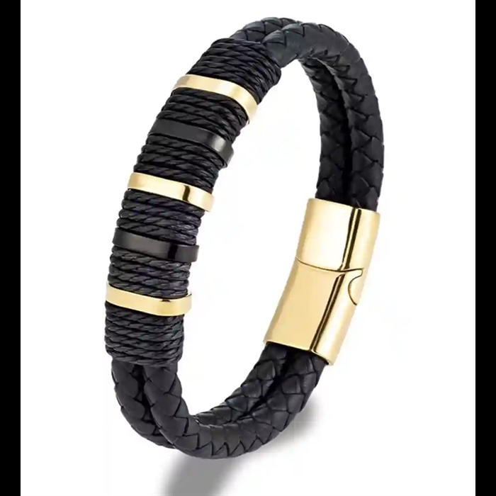 Herrarmband i svart bololäder med förgyllt stål och magnetlås