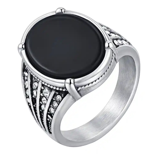 Herrring i rostfritt stål med svart agatsten och detaljerade stålsidor – Black Agate Power Ring.