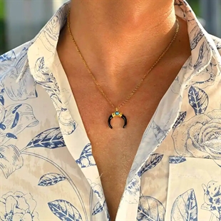 Golden Horn halsband för män i förgyllt stål med turkos sten och svart horn – marjoe.se