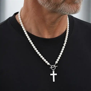 Pearl Cross Necklace – Pärlhalsband för Män i Rostfritt Stål