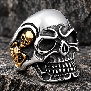 Doppio Teschio – Skull bikerring i rostfritt stål